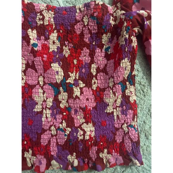 NWT Free People Ariana Pink Floral Cotton Smocked Crop Long Sleeve Top Small - Picture 9 of 12